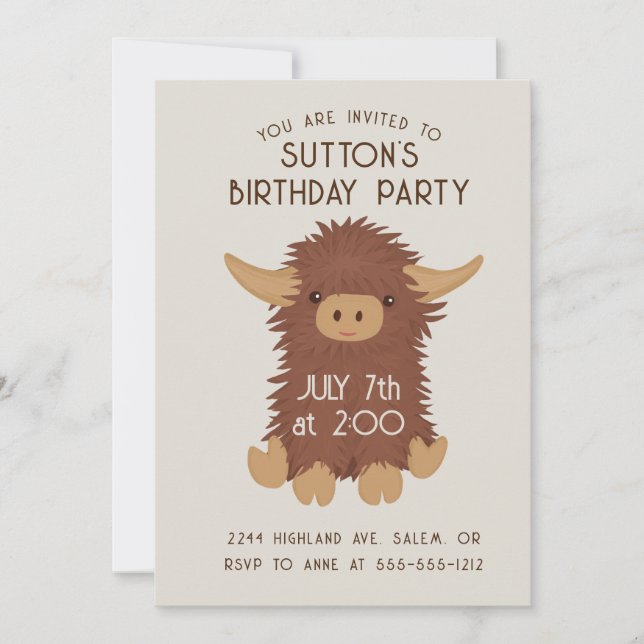Cute, shaggy Highland cow custom Invitation (Front)