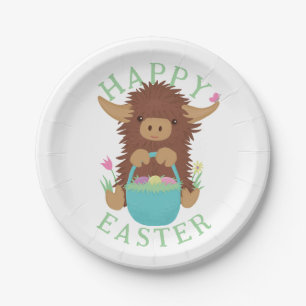 Cute, shaggy Highland cow Easter basket design Paper Plate