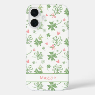 Cute Shamrocks with Pink Bows and Hearts iPhone 16 Case