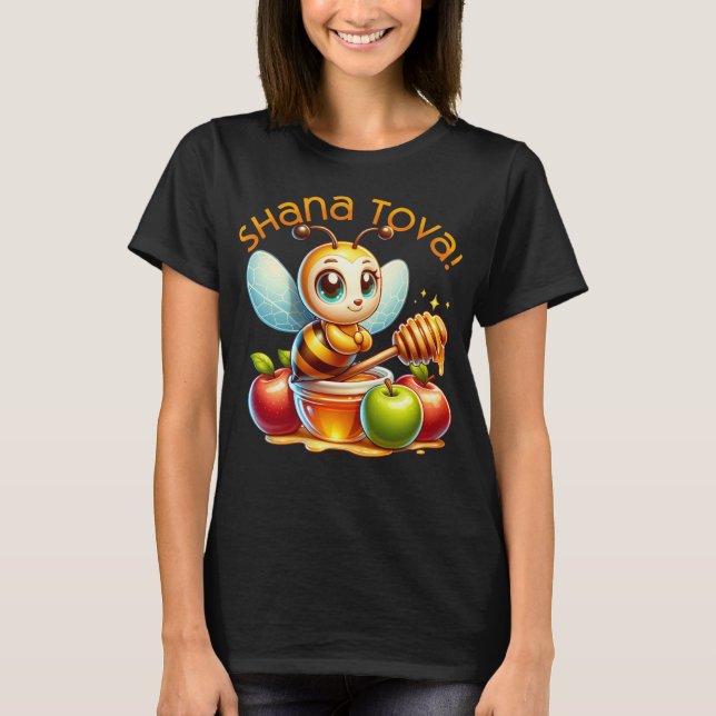 Cute Shana Tova Honey Bee with Apples T-Shirt (Front)