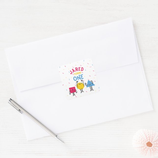 Cute Shapes First Birthday Celebration Square Sticker (Envelope)