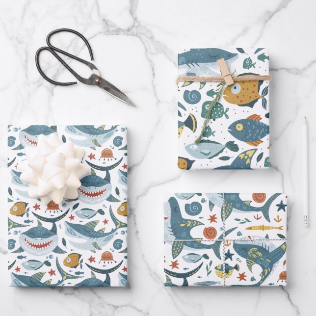 Cute Shark and Fish Pattern Wrapping Paper Sheet (Front)