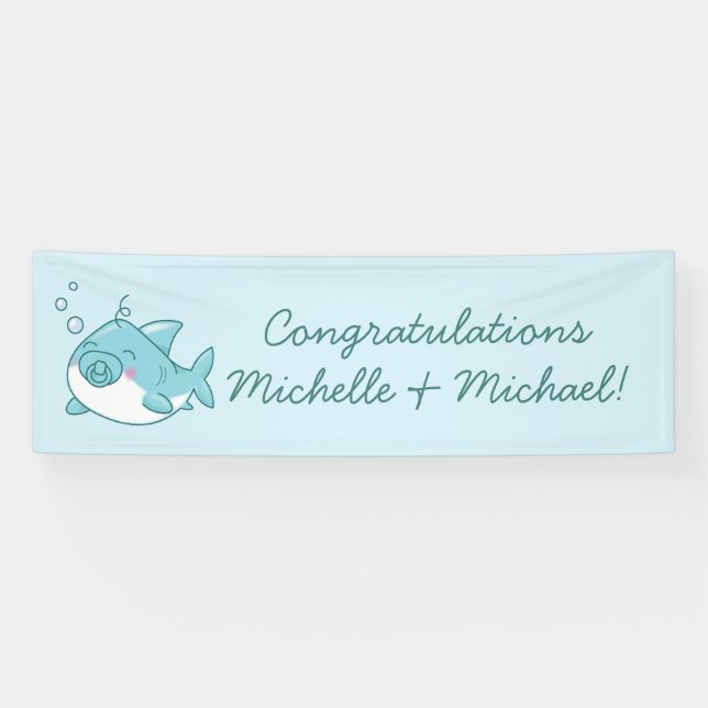 Cute Shark Baby Shower Kawaii Blue Boy Banner (Horizontal)