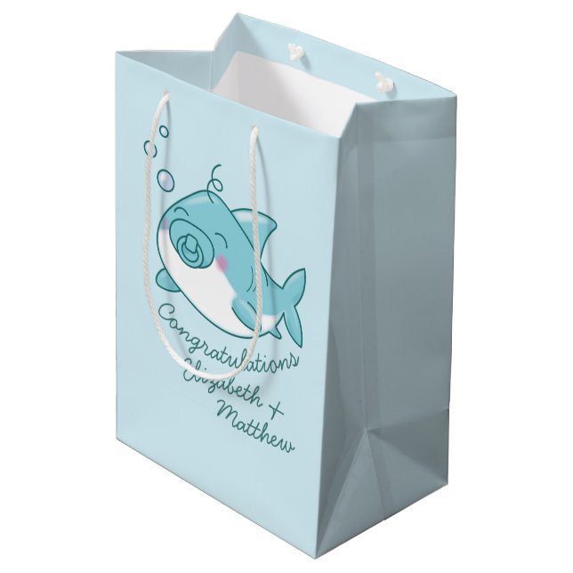 Cute Shark Baby Shower Kawaii Blue Boy Medium Gift Bag (Back Angled)