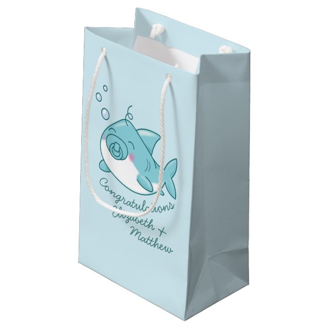 Cute Shark Baby Shower Kawaii Blue Boy Small Gift Bag (Back Angled)