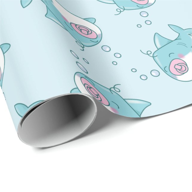 Cute Shark Baby Shower Kawaii Pink Girl Wrapping Paper (Roll Corner)
