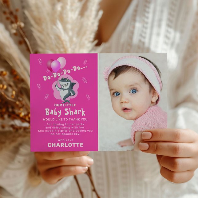 Cute Shark Balloons Photo Birthday Pink Thank You Invitation (Creator Uploaded)