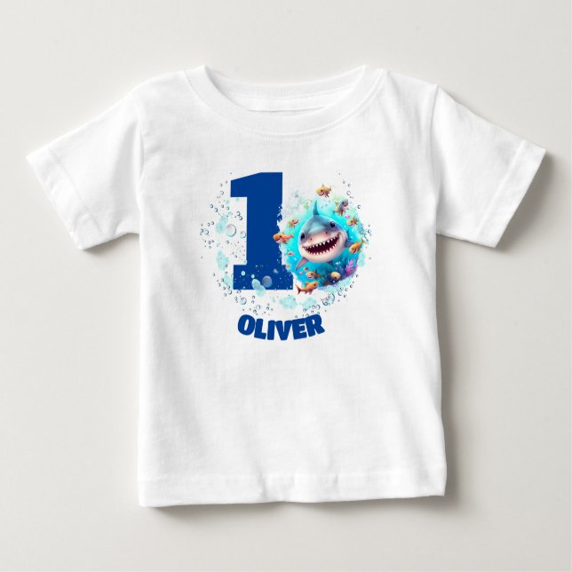 Cute Shark Birthday Personalised Boy  Baby T-Shirt (Front)