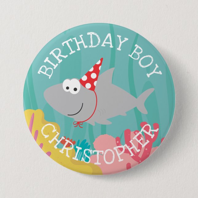 Cute Shark Boy Birthday 3" Button (Front)