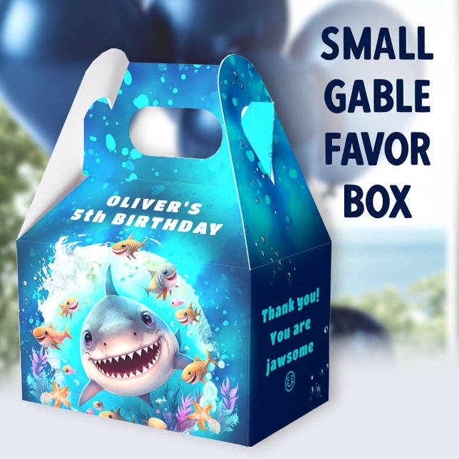 Cute Shark Boy Birthday Blue Party Favour Box (Shark Dark Blue Small Gable Favor Boxes - You can choose from 3 sizes of these gable favor boxes)