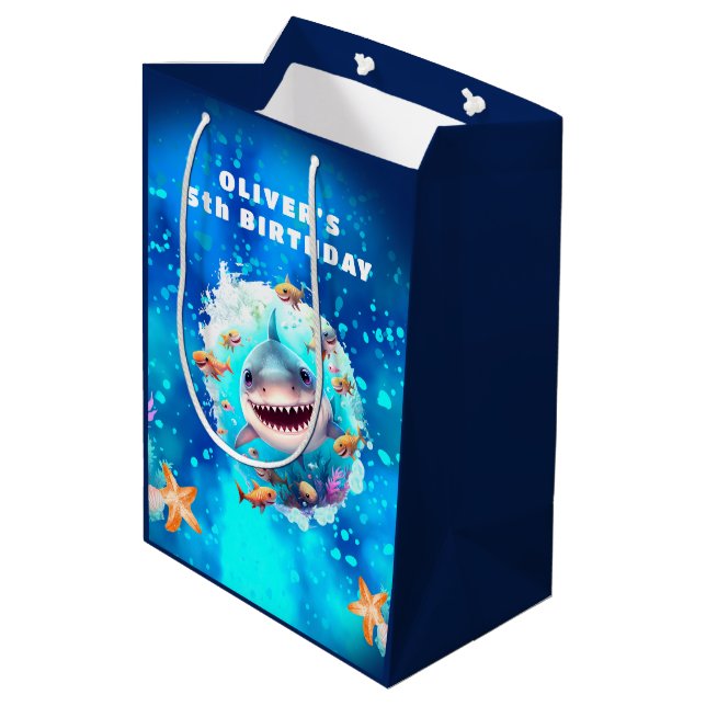 Cute Shark Boy Birthday Dark Blue Name Gift Bag (Back Angled)