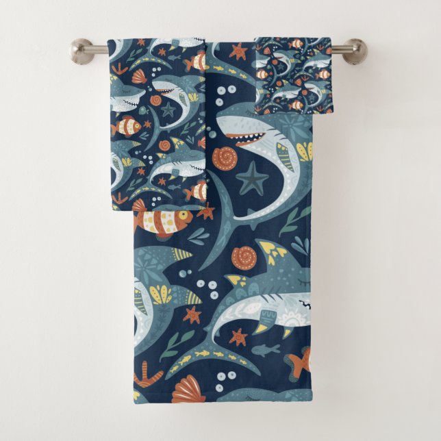 Cute shark cartoon doodle pattern ocean blue bath towel set (Insitu)