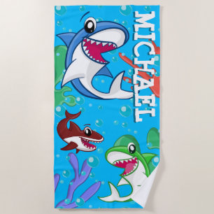 Cute Shark Cartoon Underwater Blue Ocean Kids Beach Towel