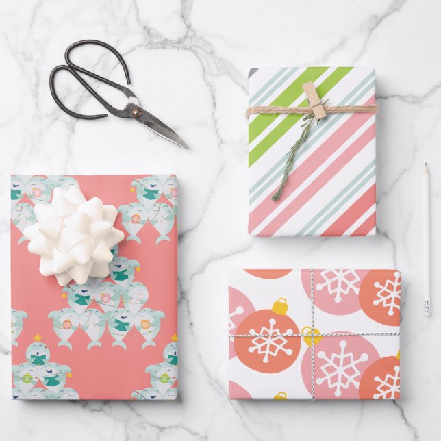 Cute Shark Christmas Tree Wrapping Paper Sheet (Front)