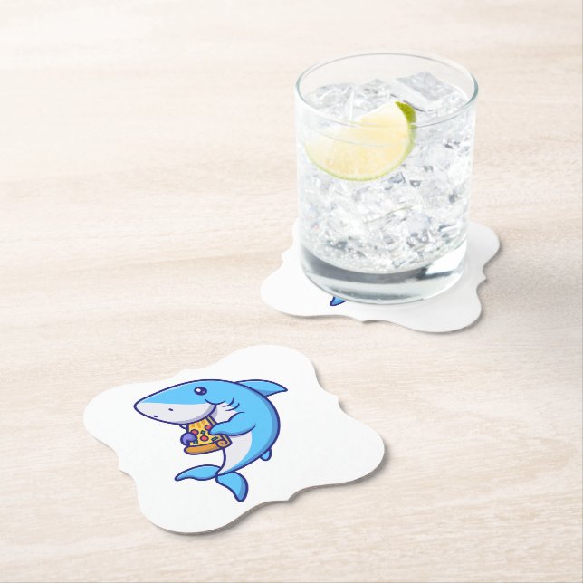 Cute Shark Eating Pizza Paper Coaster (Insitu)