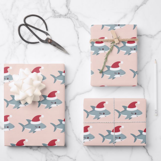 Cute Shark in a Santa Hat Light Pink Christmas Wrapping Paper Sheet (Front)