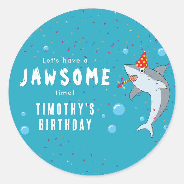 Cute Shark in Ocean Kids Birthday Party Classic Round Sticker (Front)