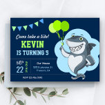 Cute Shark Kids Birthday Party Invitation<br><div class="desc">Amaze your guests with this cool birthday party invitation featuring a cute shark holding green balloons with modern typography against a navy blue background. Simply add your event details on this easy-to-use template to make it a one-of-a-kind invitation. Flip the card over to reveal an elegant grey chevron pattern on...</div>