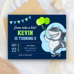 Cute Shark Kids Birthday Party Invitation Postcard<br><div class="desc">Amaze your guests with this cool birthday party invitation featuring a cute shark holding green balloons with modern typography against a navy blue background. Simply add your event details on this easy-to-use template to make it a one-of-a-kind invitation. Flip the card over to reveal an elegant grey chevron pattern on...</div>