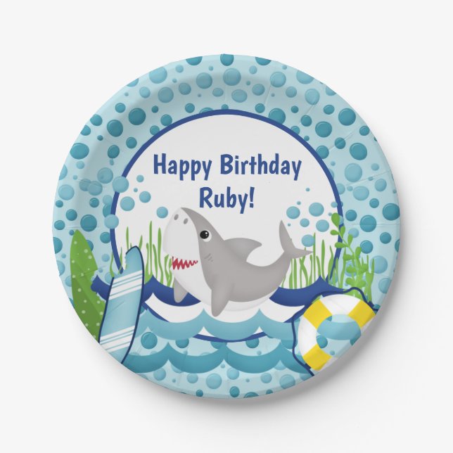 Cute Shark Ocean Happy Birthday Paper Plate (Front)
