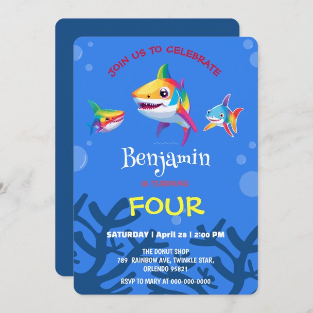 Cute shark rainbow colourful birthday party kids invitation (Front/Back)