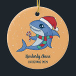 Cute Shark Santa Christmas Snowy Winter Holiday Ceramic Tree Decoration<br><div class="desc">Cute cartoon animal ornament for kids and children. Perfect for first Christmas celebration with family. You can customise the text for any occasion.</div>