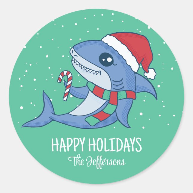Cute Shark Santa Christmas Snowy Winter Holiday Classic Round Sticker (Front)