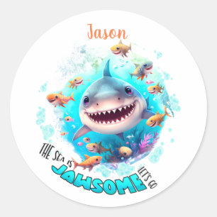 Cute Shark Summer Name Boy Classic Round Sticker
