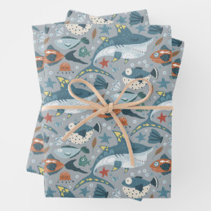 Cute Shark Under The Sea Fish Kids Birthday Wrapping Paper Sheet