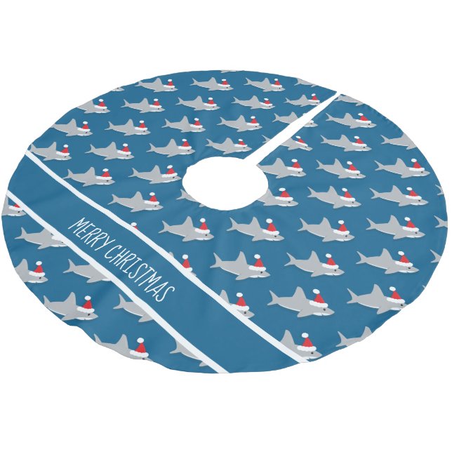 Cute Shark wearing Santa Hat Novelty ChrIstmas Brushed Polyester Tree Skirt (Angled)