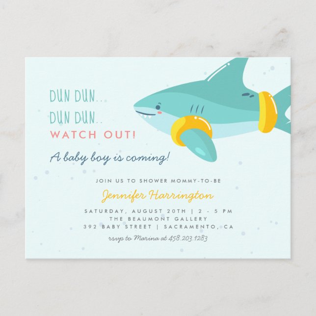 Cute Shark With Arm Bands Summer Baby Shower Invitation Postcard (Front)