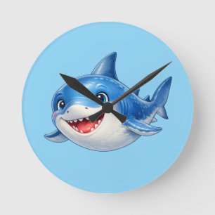 Cute Shark with Big Eyes Happy Ocean Animal Illust Round Clock