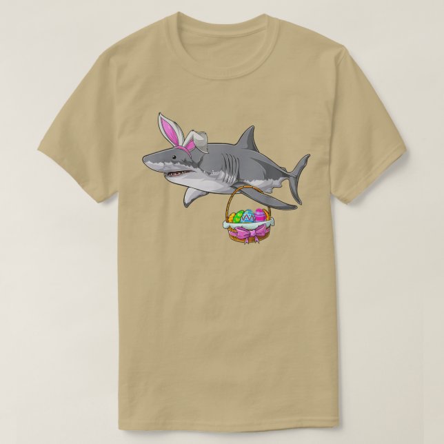 Cute Shark with Easter Basket and Bunny Ears Happy T-Shirt (Design Front)