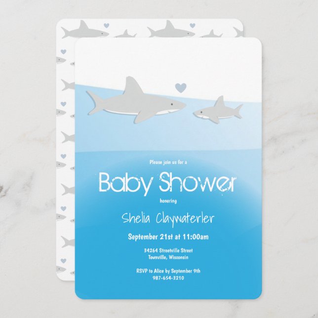 Cute Sharks and Ocean Vertical Baby Shower Invitation (Front/Back)