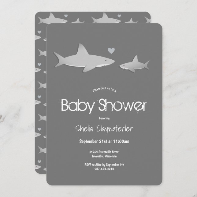 Cute Sharks Solid Grey Vertical Baby Shower Invitation (Front/Back)