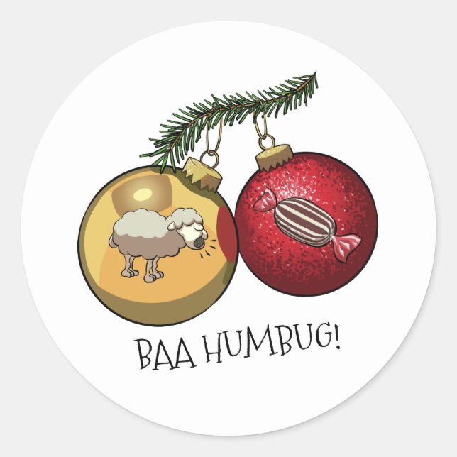Cute Sheep Baa Humbug! Christmas Scrooge Cartoon Classic Round Sticker (Front)