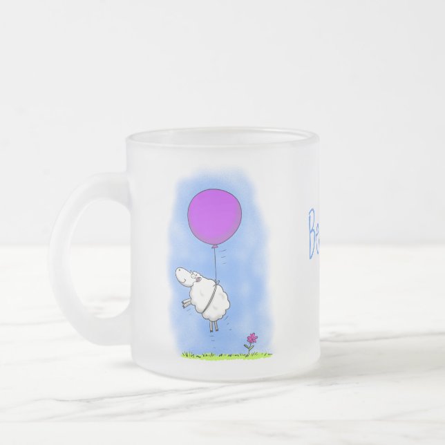 Cute sheep balloon cartoon humour illustration frosted glass coffee mug (Left)