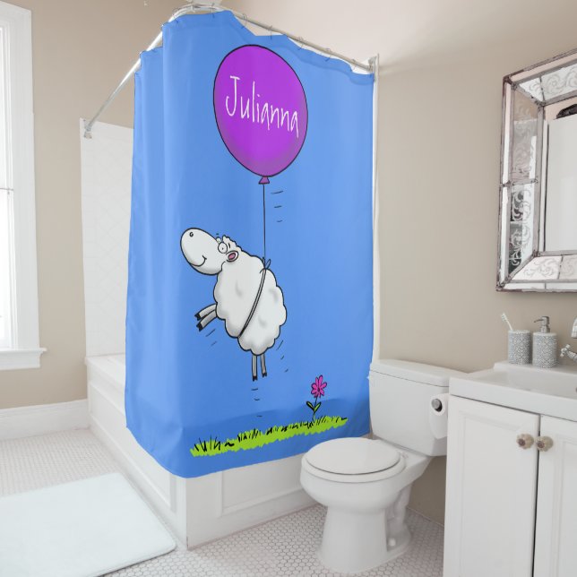Cute sheep balloon cartoon humour illustration shower curtain (In Situ)