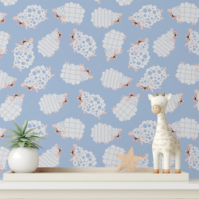 Cute Sheep Blue Nursery Peel and Stick Wallpaper (Creator Uploaded)