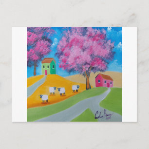 Cute sheep colourful folk art picture postcard