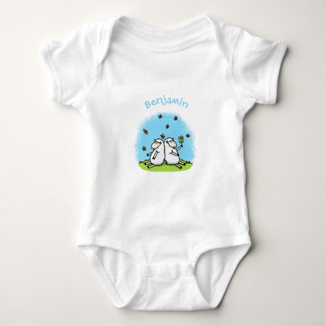 Cute sheep friends and butterflies cartoon baby bodysuit (Front)