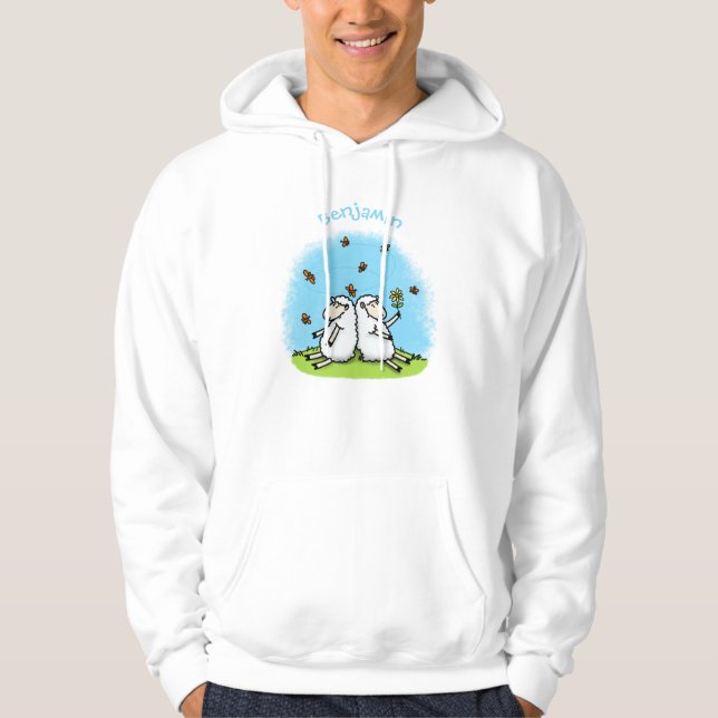 Cute sheep friends and butterflies cartoon hoodie (Front)