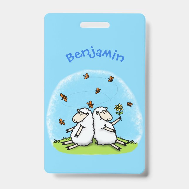 Cute sheep friends and butterflies cartoon ID badge (Front)