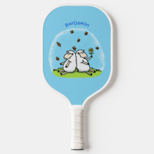 Cute sheep friends and butterflies cartoon pickleball paddle