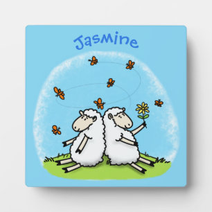 Cute sheep friends and butterflies cartoon plaque