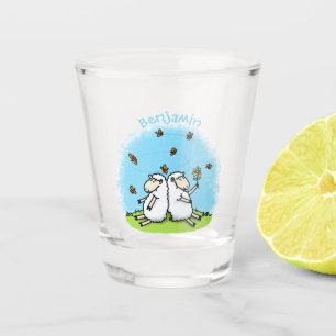 Cute sheep friends and butterflies cartoon shot glass