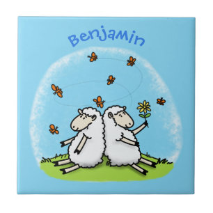 Cute sheep friends and butterflies cartoon tile