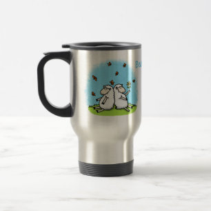 Cute sheep friends and butterflies cartoon travel mug