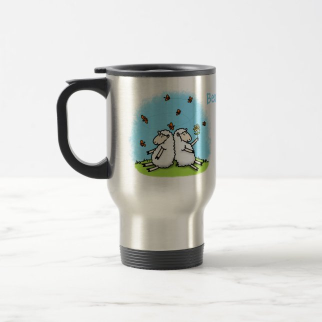 Cute sheep friends and butterflies cartoon travel mug (Left)