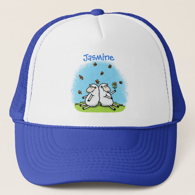 Cute sheep friends and butterflies cartoon trucker hat (Front)